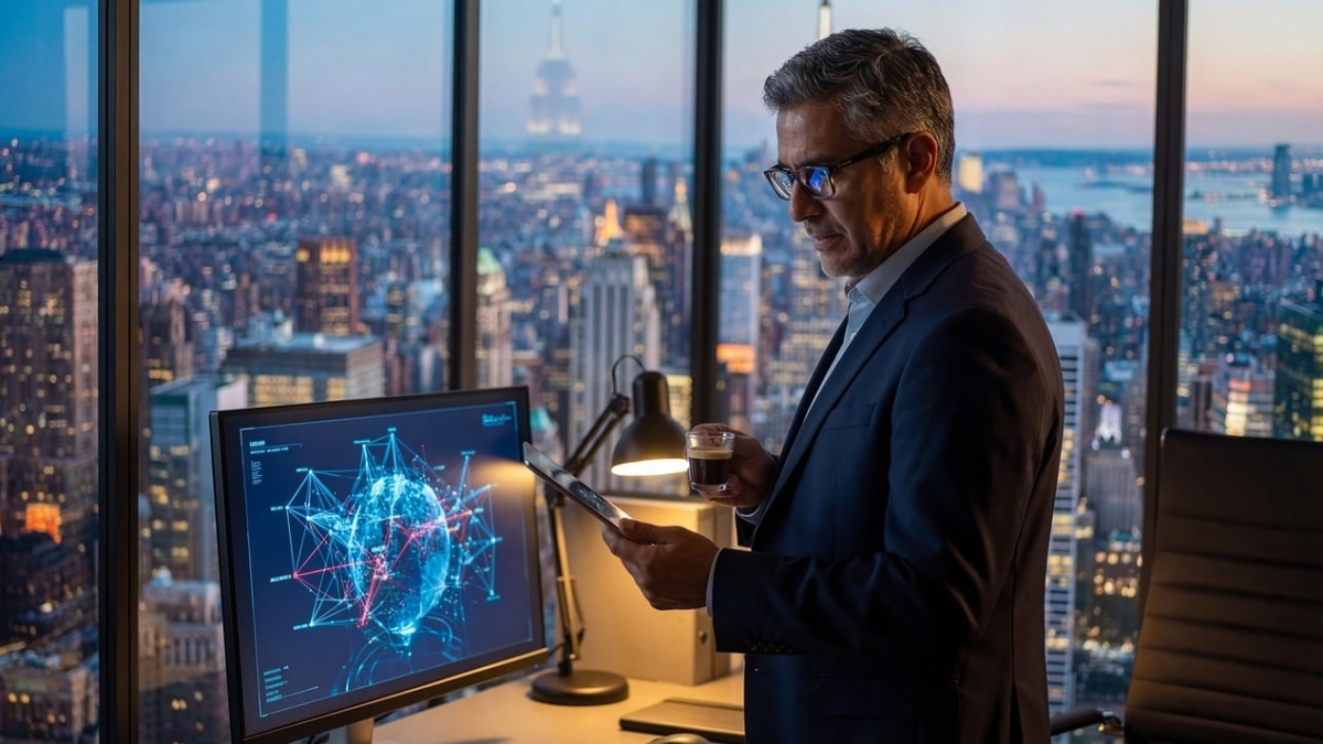 businessman, executive, global, technology, analytics, network, office, night, city, skyline, data, skyscraper, professional, success, digital, corporate, connectivity, finance, management, leadership, business, strategy, urban, communication, futuristic