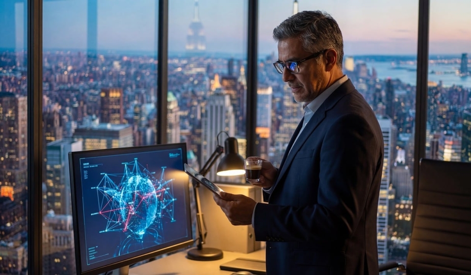 businessman, executive, global, technology, analytics, network, office, night, city, skyline, data, skyscraper, professional, success, digital, corporate, connectivity, finance, management, leadership, business, strategy, urban, communication, futuristic